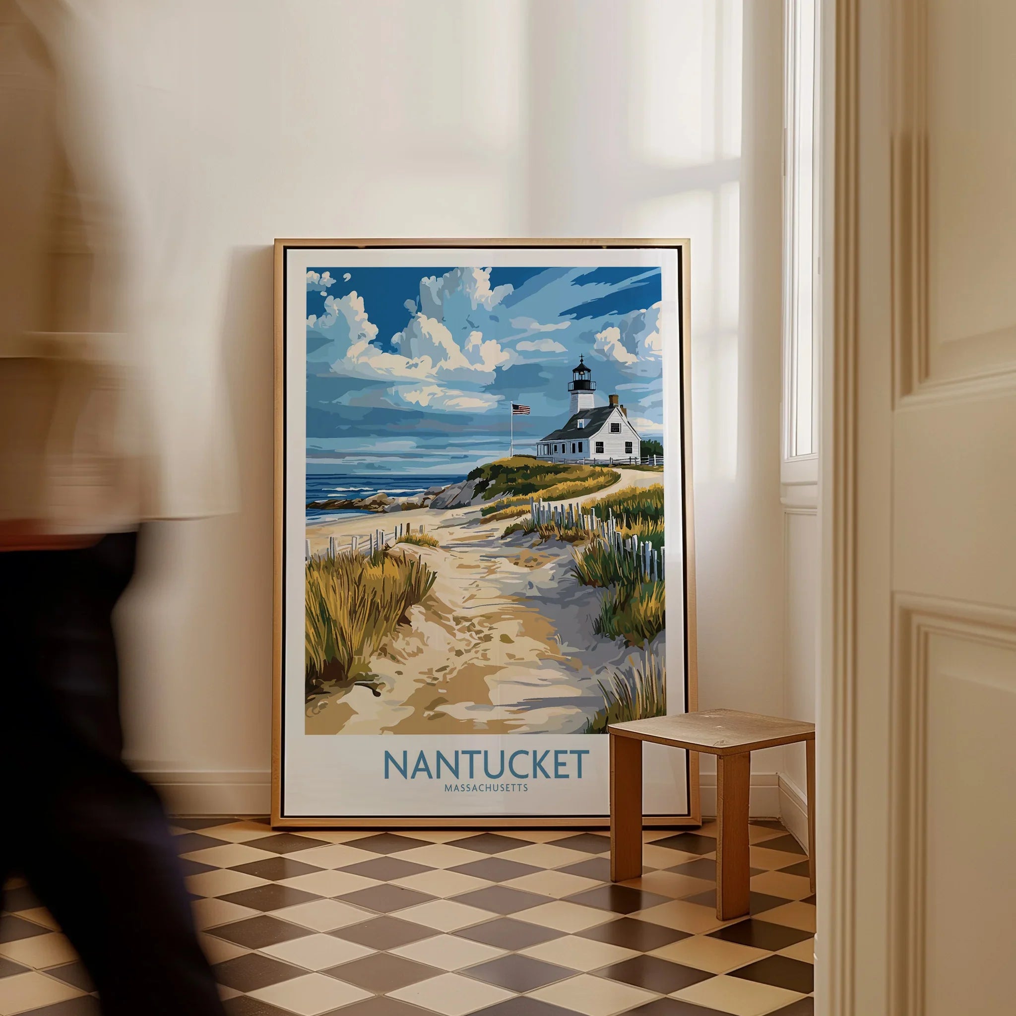 Nantucket Massachusetts travel poster with lighthouse, beach path, and coastal scenery for home wall art decor