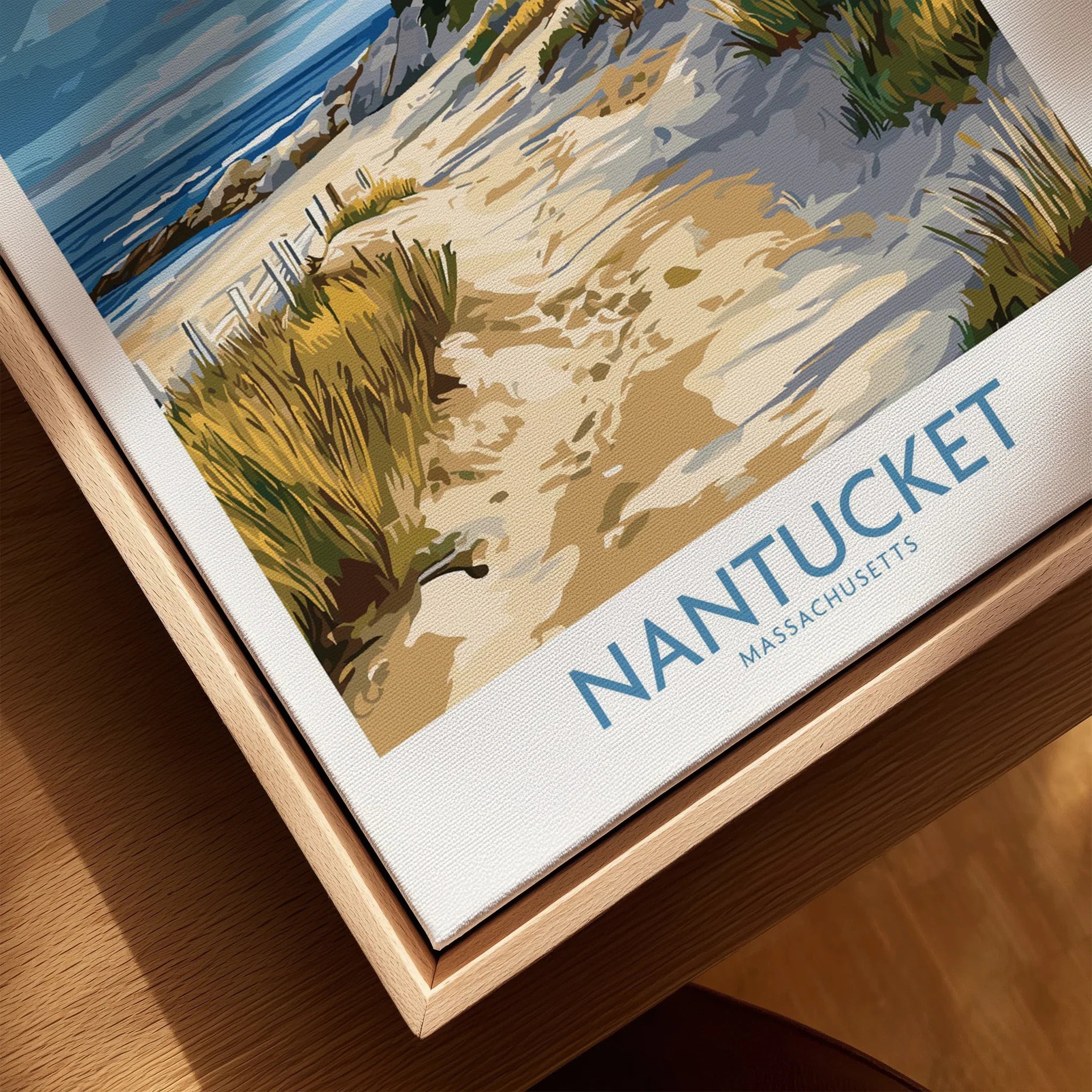 Nantucket Massachusetts travel poster wall art with sandy beach and ocean view, framed canvas print