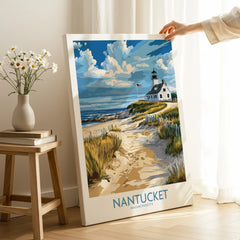 Nantucket Massachusetts travel poster with lighthouse, beach path, and coastal scenery for home wall art decor