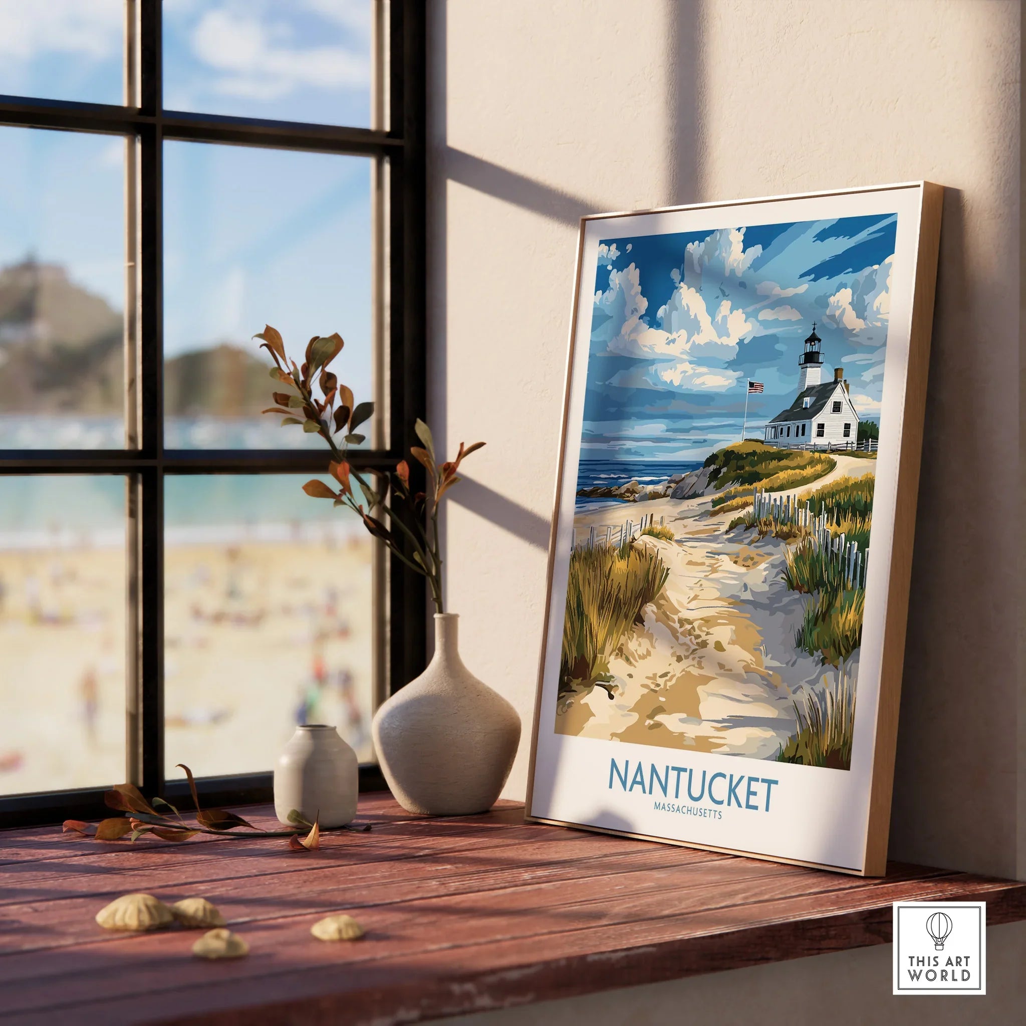 Nantucket Massachusetts travel poster with lighthouse, beach path, and coastal scenery, perfect for home wall art.