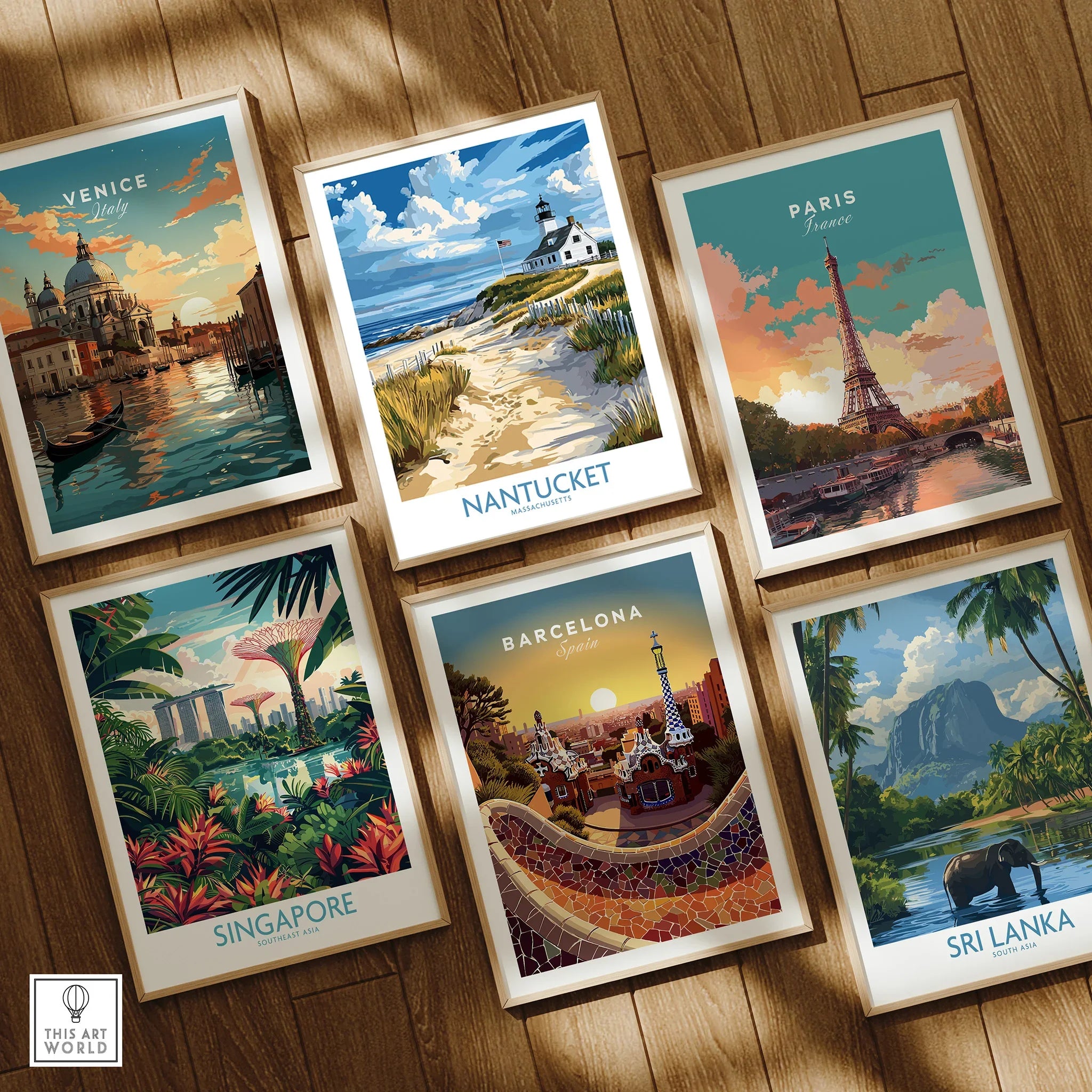 Framed travel posters of Venice, Paris, Nantucket, Singapore, Barcelona, Sri Lanka for wall art decor