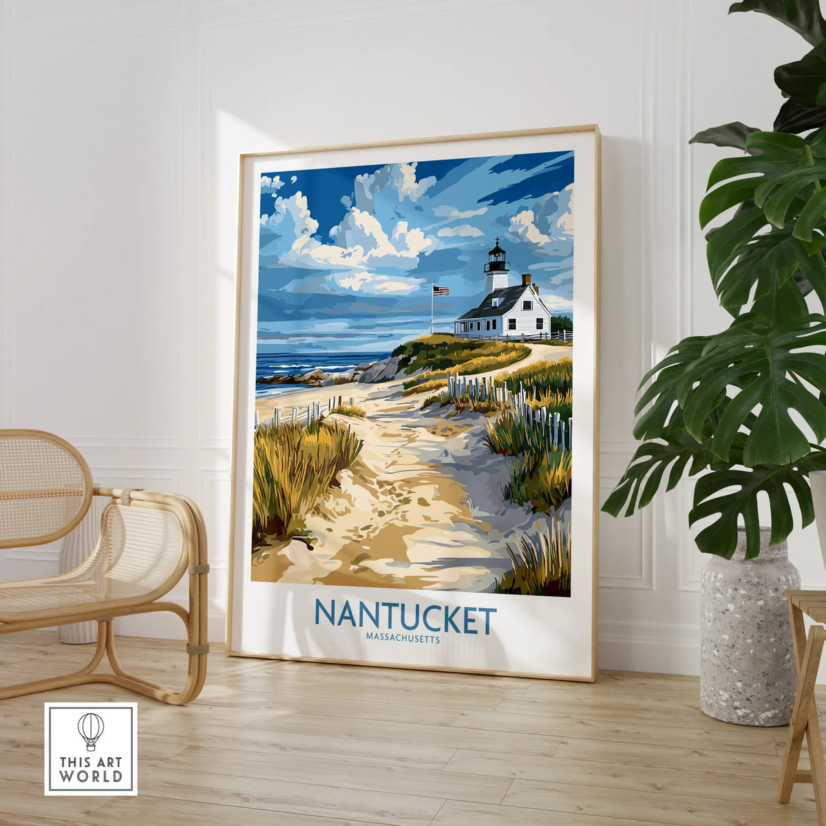 Nantucket Massachusetts travel poster with lighthouse, sandy beach, and coastal path, perfect for home wall art decor.