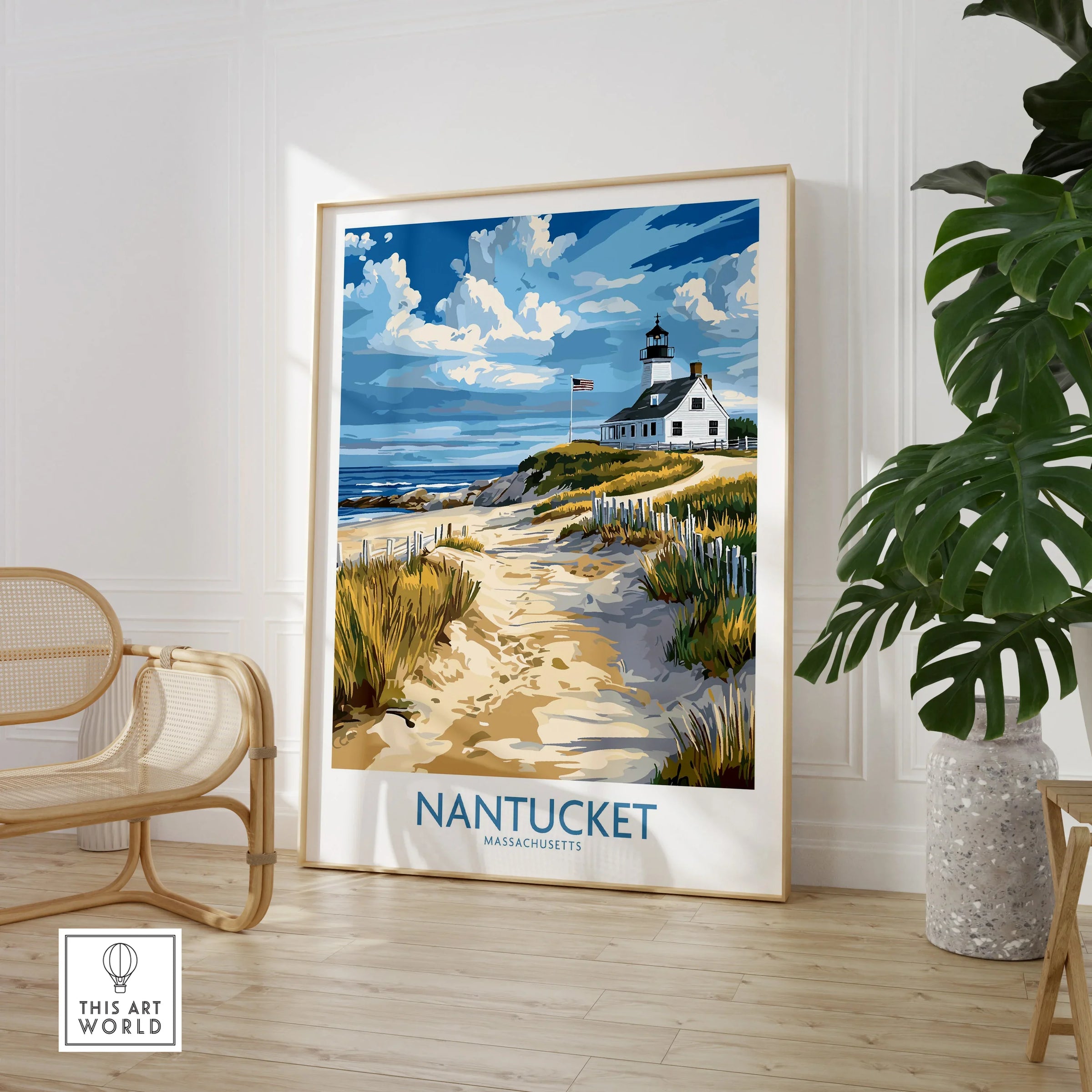 Nantucket Massachusetts travel poster with lighthouse, sandy beach, and coastal path, perfect for home wall art decor.