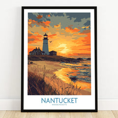 Nantucket Massachusetts travel poster with lighthouse at sunset, beach art print for home decor