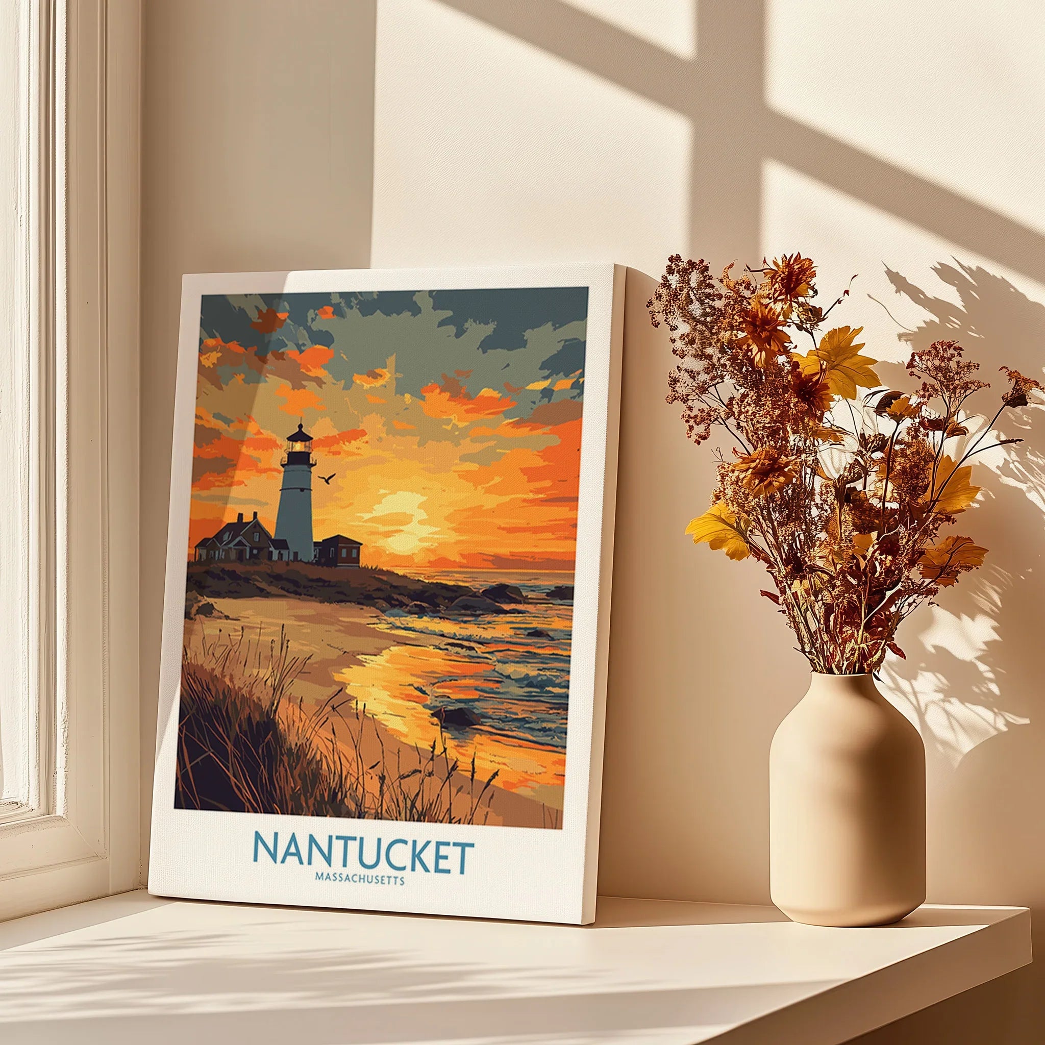 Nantucket Massachusetts travel poster with lighthouse sunset, coastal wall art for home decor