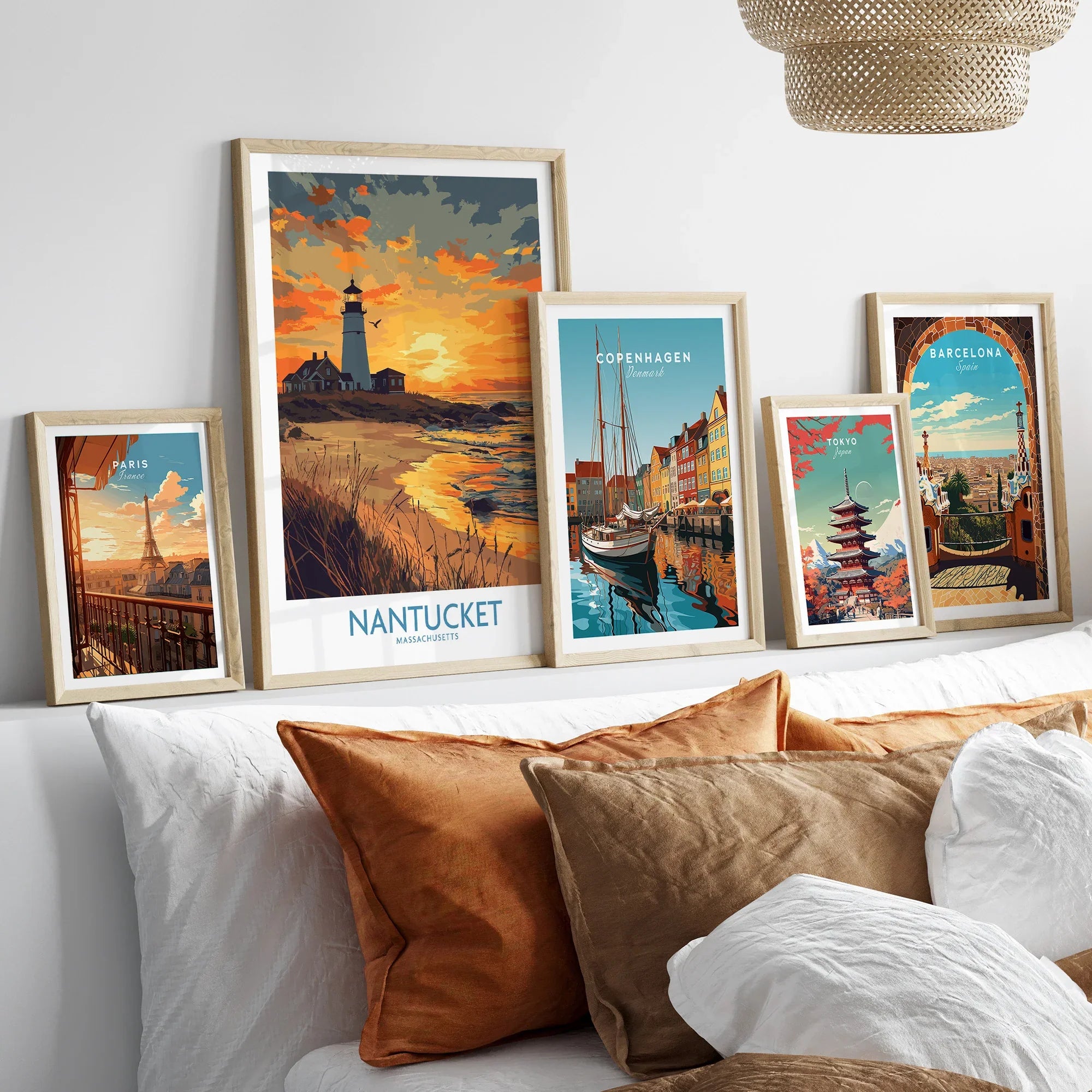 Framed travel posters of Paris, Nantucket, Copenhagen, Tokyo, and Barcelona for home wall art decor