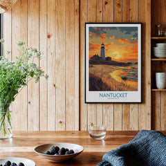 Nantucket Massachusetts travel poster with lighthouse sunset, coastal wall art for home decor