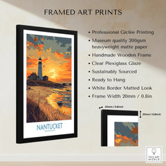 Framed Nantucket lighthouse art print with sunset beach scene, perfect for coastal wall decor