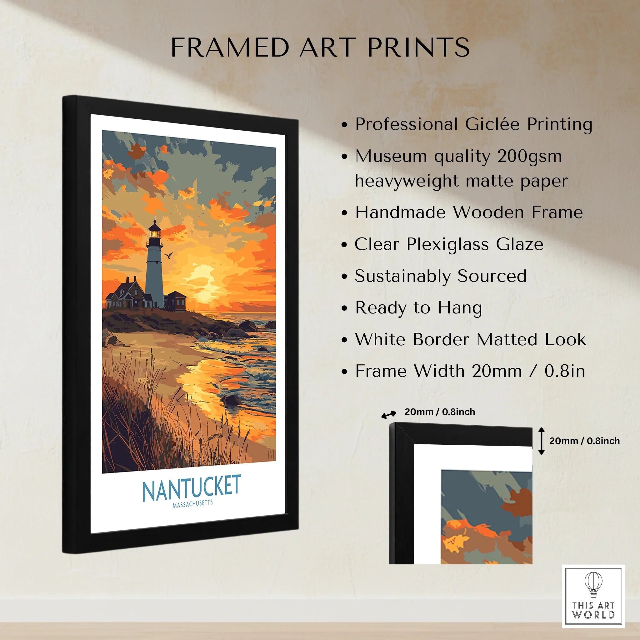 Framed Nantucket lighthouse art print with sunset beach scene, perfect for coastal wall decor