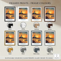 Nantucket lighthouse sunset print in eight frame colors, ready to hang wall art for home decor
