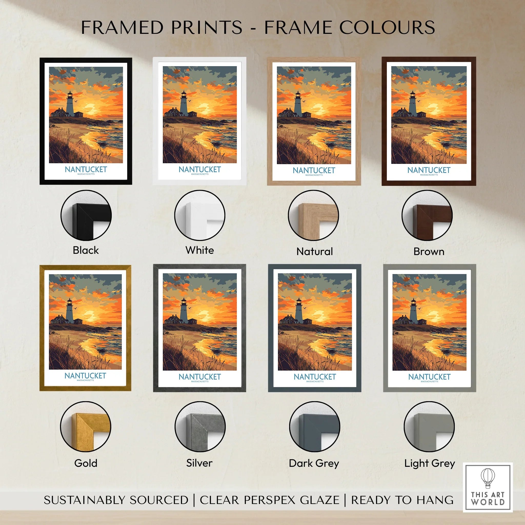 Nantucket lighthouse sunset print in eight frame colors, ready to hang wall art for home decor