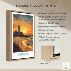 Framed Nantucket lighthouse travel poster with sunset beach scene, handmade wood frame, ready to hang wall art