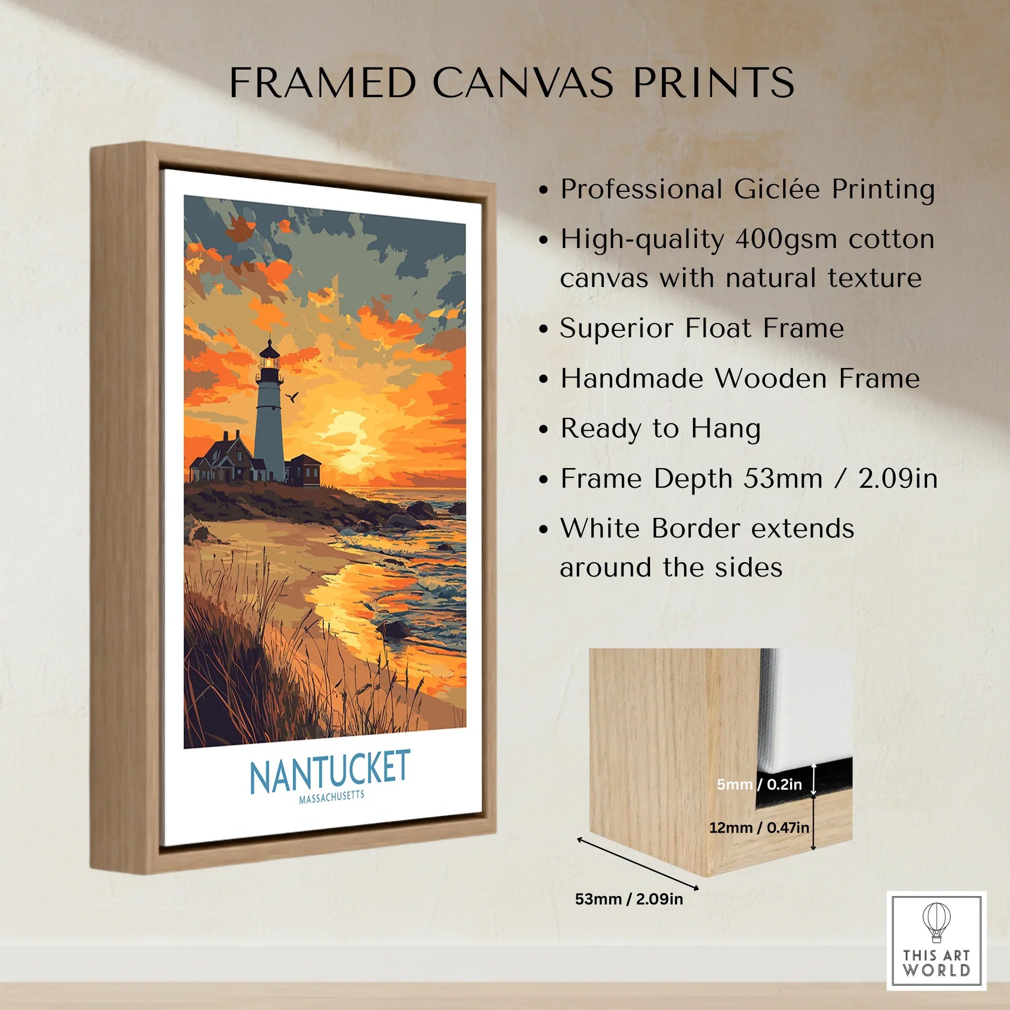 Framed Nantucket lighthouse travel poster with sunset beach scene, handmade wood frame, ready to hang wall art