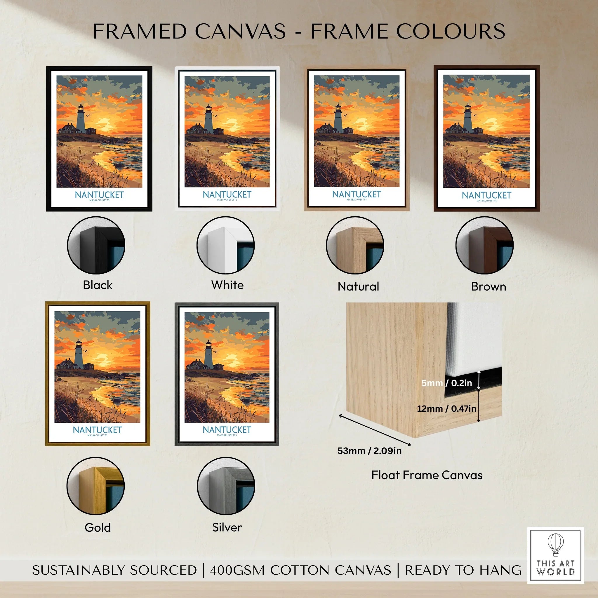 Nantucket lighthouse travel poster in black, white, natural, brown, gold, and silver frames, ready to hang