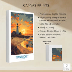 Nantucket Massachusetts lighthouse canvas print with sunset beach scene, ready to hang wall art