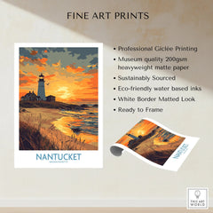 Nantucket lighthouse sunset travel poster, fine art print with white border, ready to frame wall decor