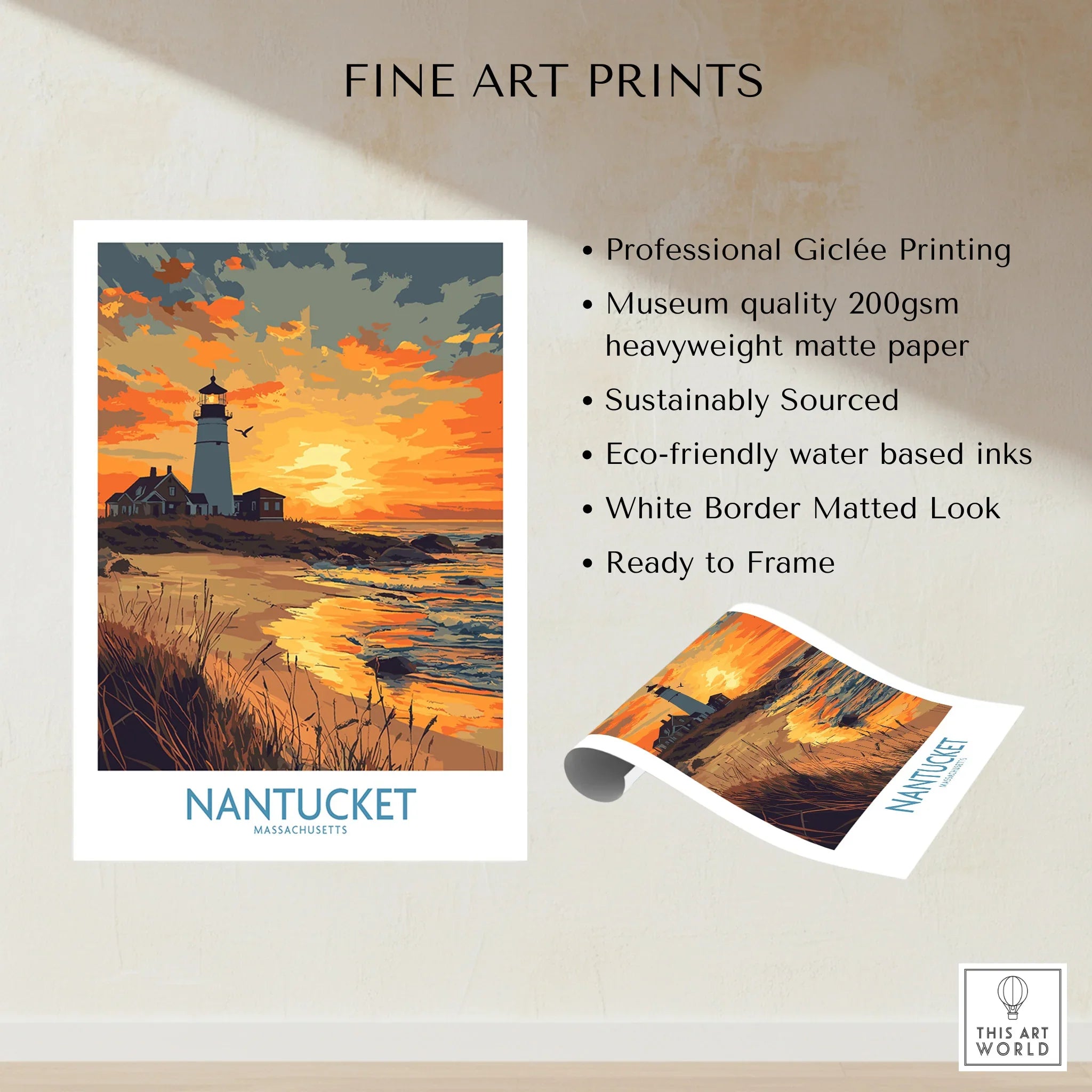Nantucket lighthouse sunset travel poster, fine art print with white border, ready to frame wall decor