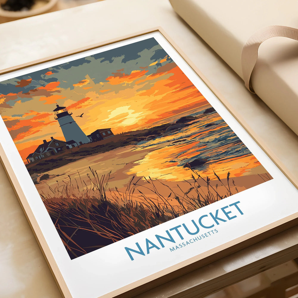 Nantucket Massachusetts travel poster with lighthouse sunset, coastal wall art for home decor
