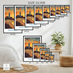 Nantucket lighthouse wall art in various sizes, perfect for coastal home decor and travel-themed spaces.