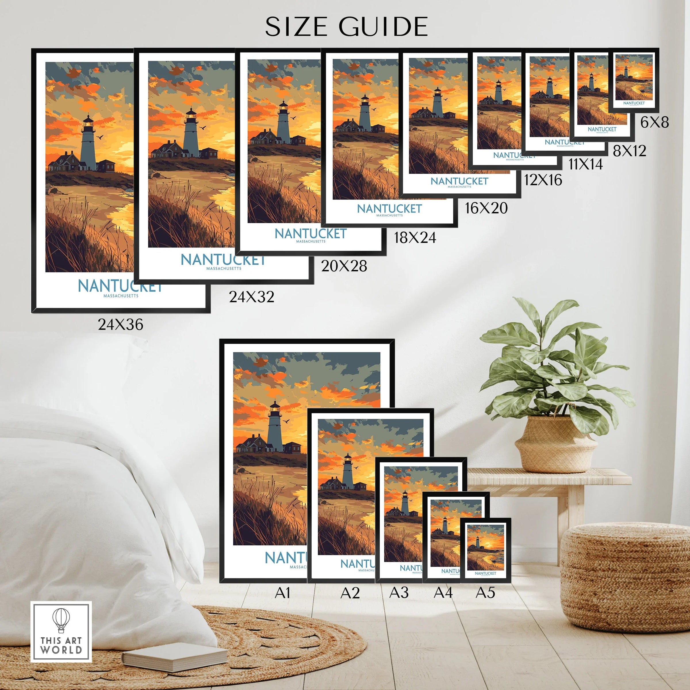 Nantucket lighthouse wall art in various sizes, perfect for coastal home decor and travel-themed spaces.