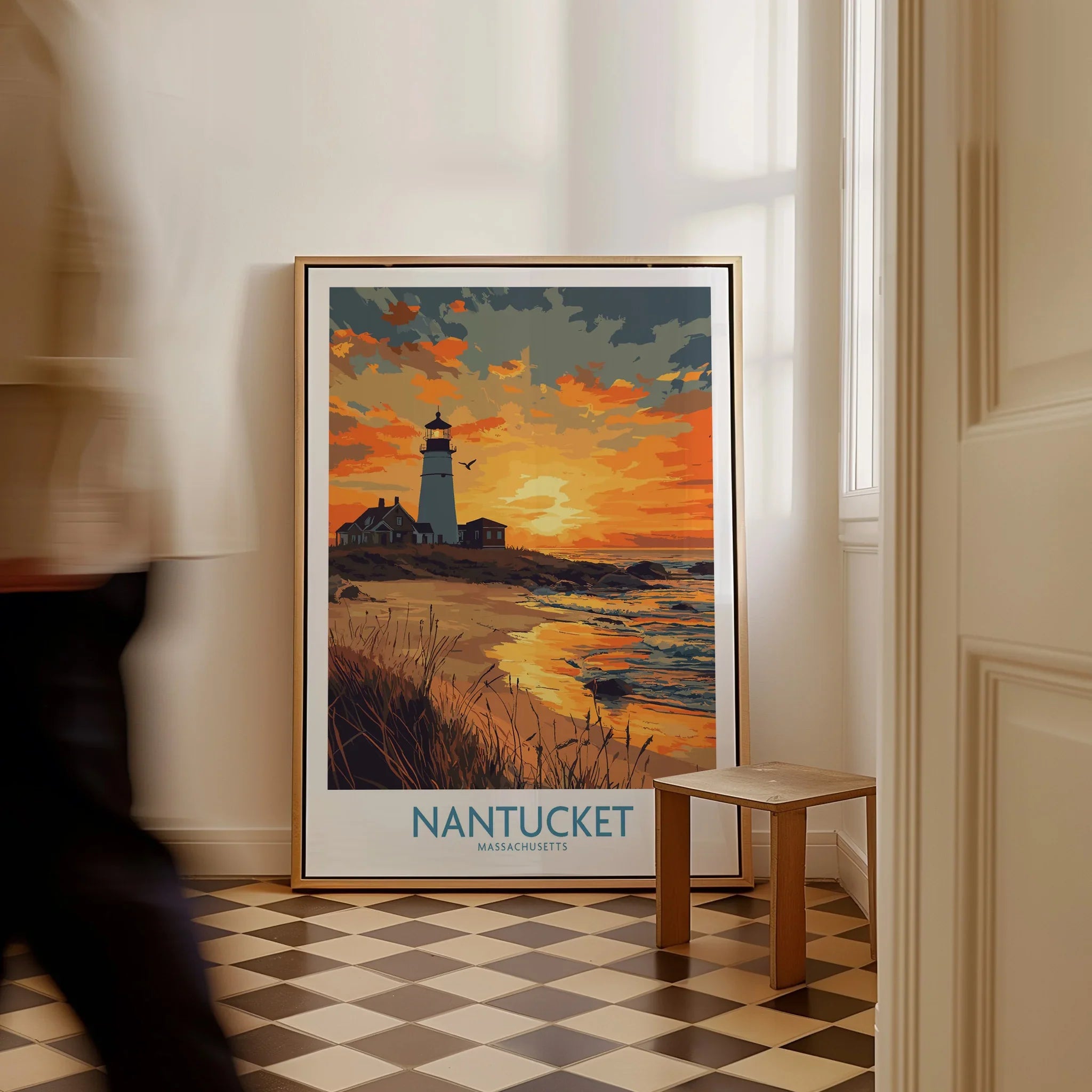 Nantucket Massachusetts travel poster with lighthouse sunset, coastal wall art for home decor