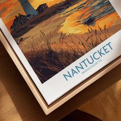 Nantucket Massachusetts travel poster art with lighthouse sunset, coastal homes, and beach grass, framed wall decor