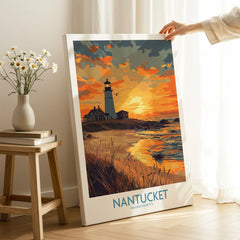Nantucket Massachusetts travel poster with lighthouse sunset, coastal wall art for home decor