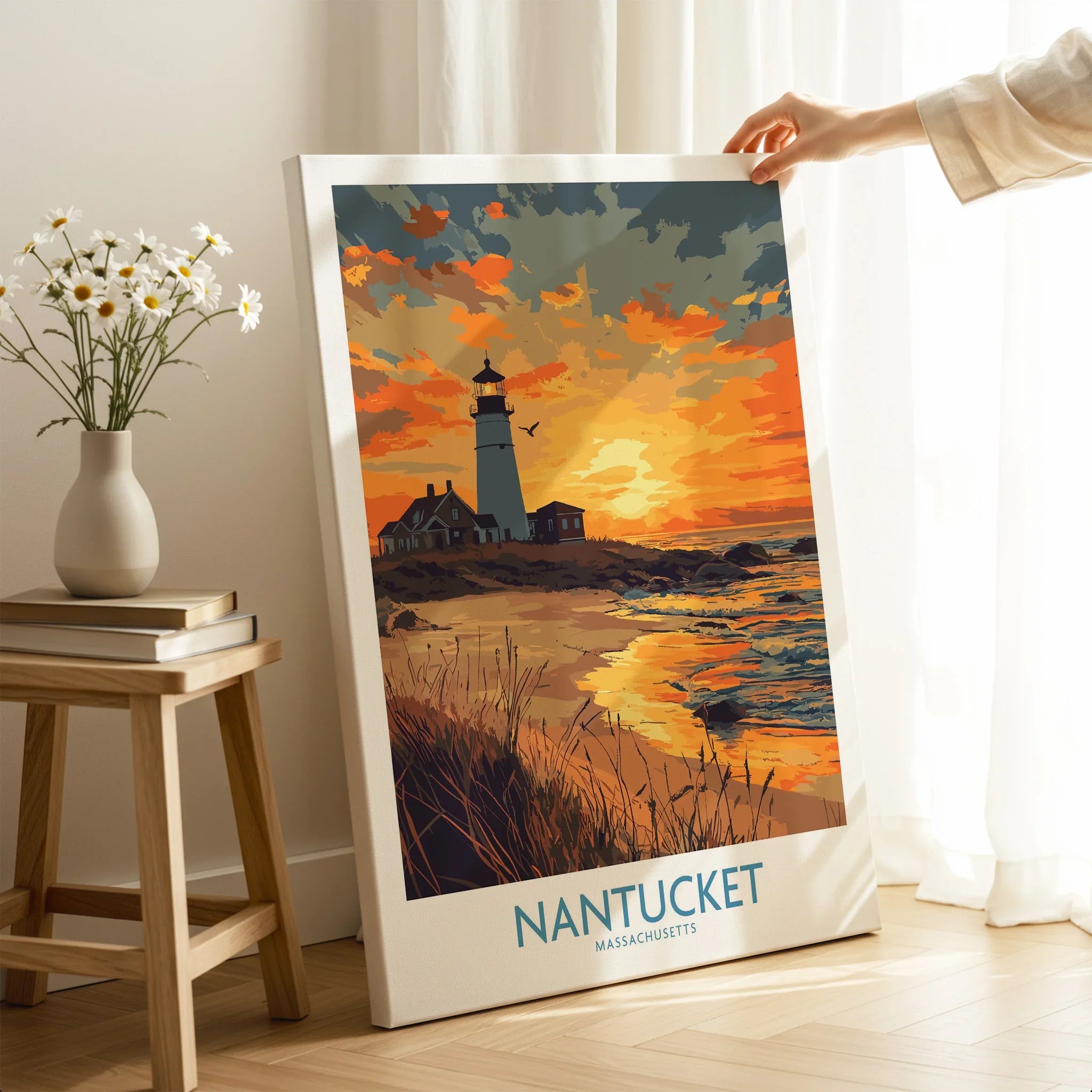 Nantucket Massachusetts travel poster with lighthouse sunset, coastal wall art for home decor