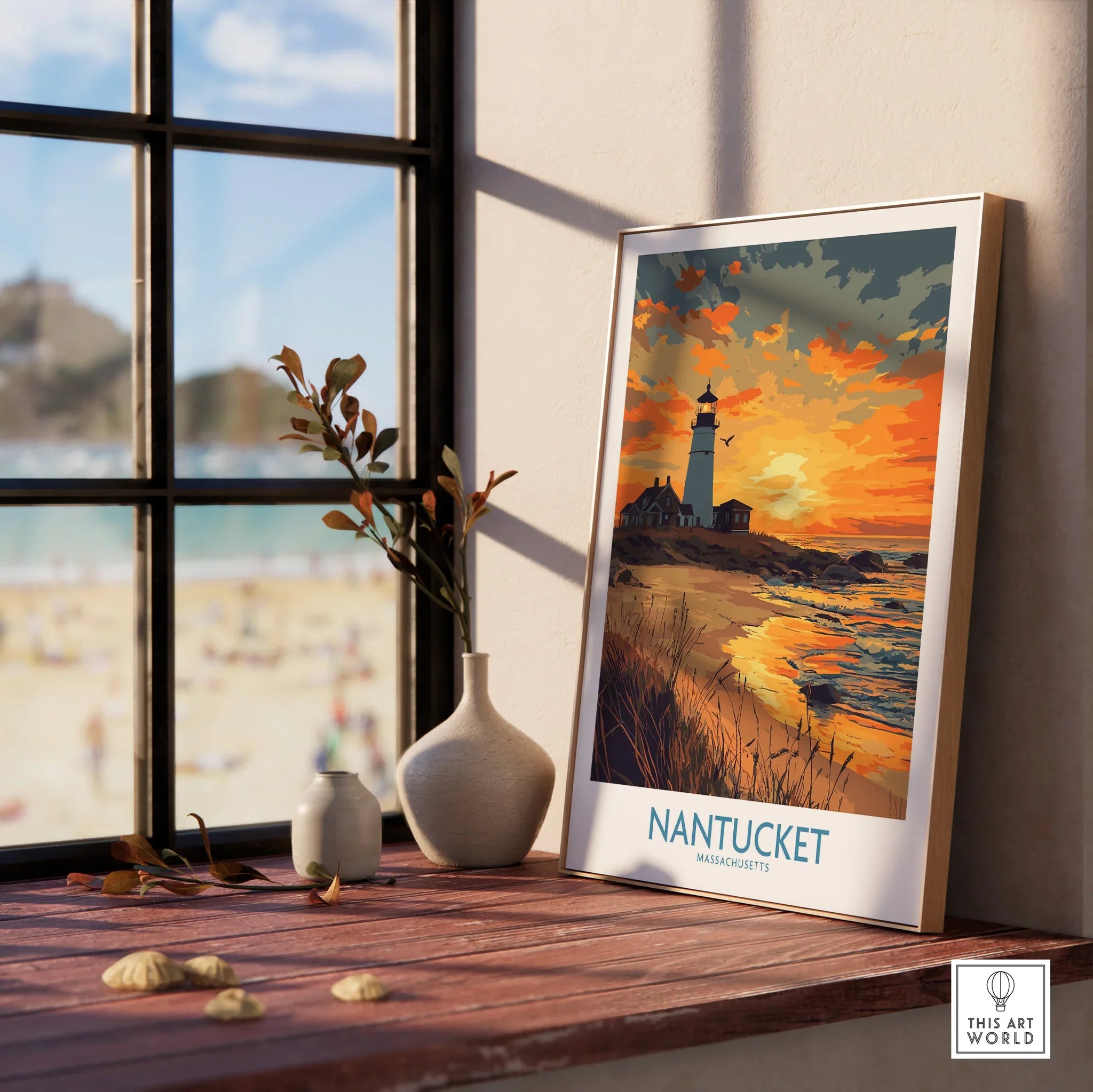 Nantucket Massachusetts travel poster with lighthouse sunset, coastal wall art for home decor