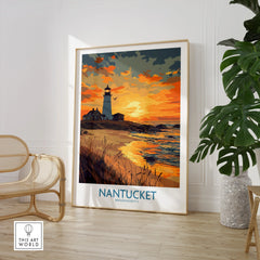 Nantucket Massachusetts travel poster with lighthouse sunset, beach art print for home decor