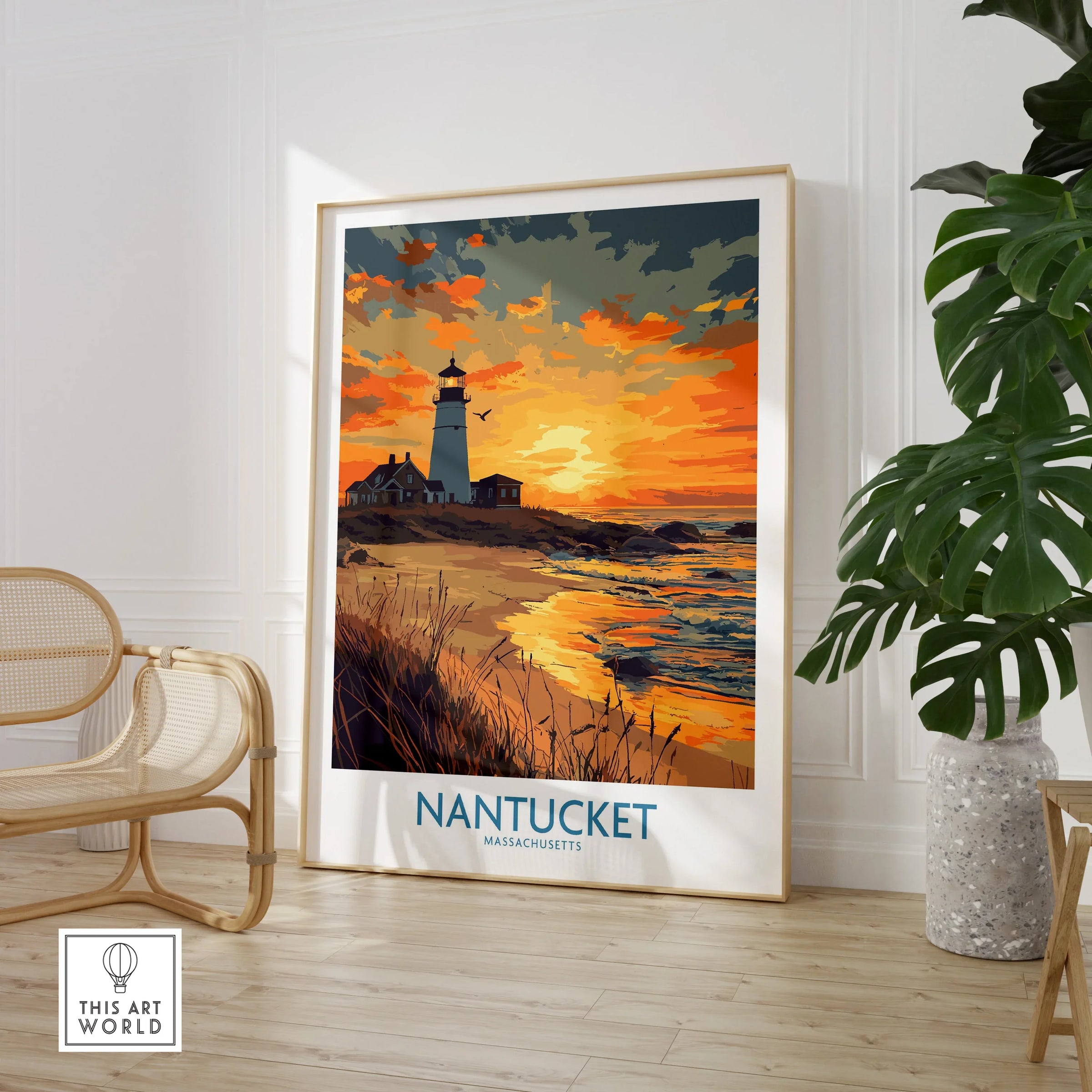 Nantucket Massachusetts travel poster with lighthouse sunset, beach art print for home decor