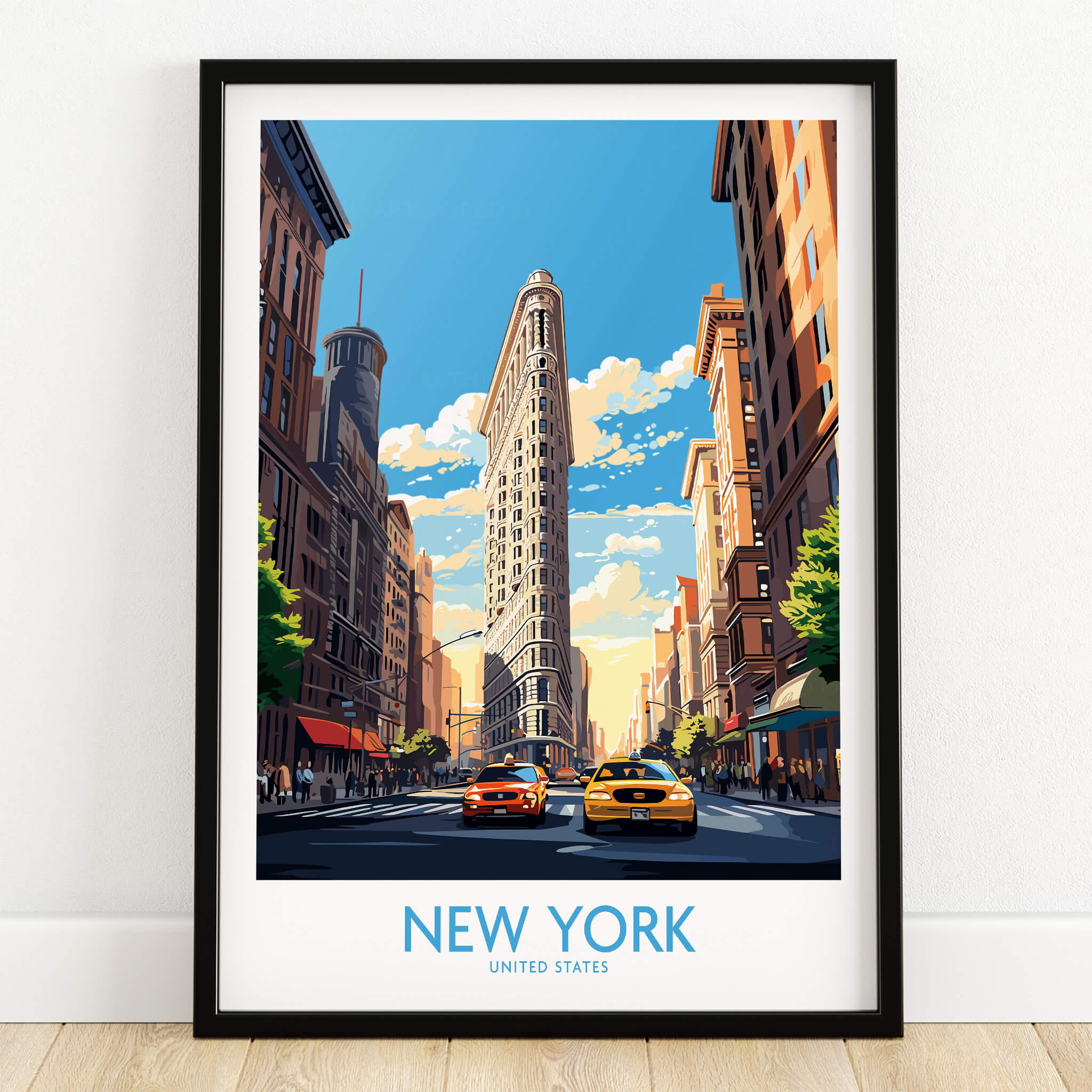 New York City Wall Art featuring the iconic Flatiron Building and NYC Yellow Cabs in a vibrant city scene.
