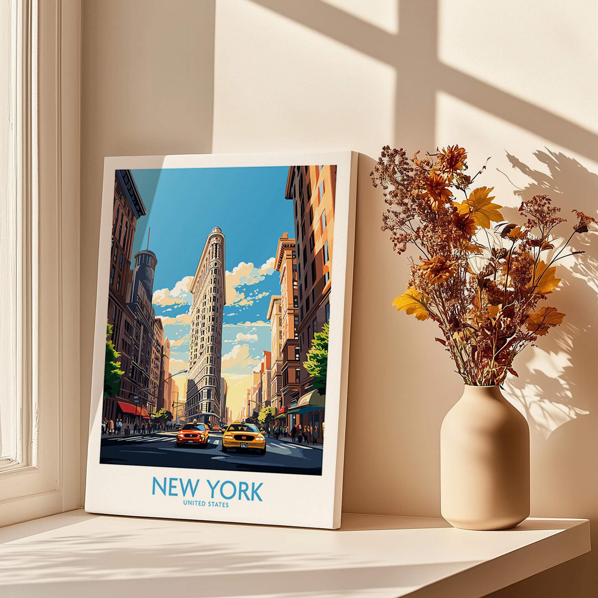 New York City Wall Art featuring the iconic Flatiron Building and NYC Yellow Cabs in a vibrant travel poster.