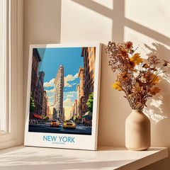 New York City Wall Art featuring the iconic Flatiron Building and NYC Yellow Cabs in a vibrant travel poster.