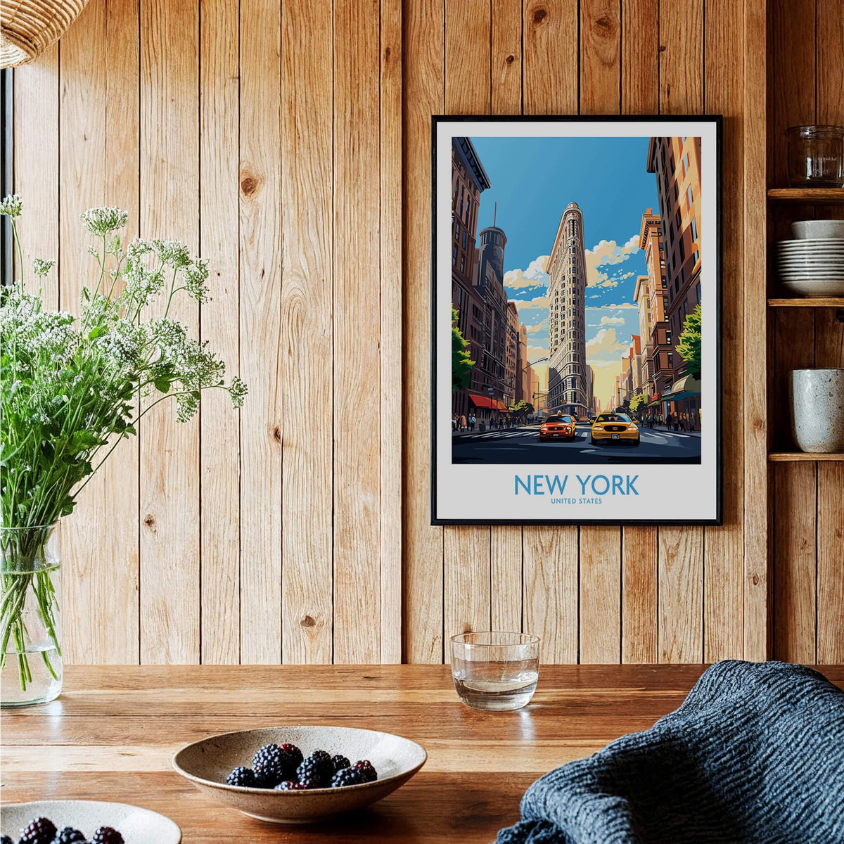 New York City Wall Art featuring the iconic Flatiron Building and NYC Yellow Cabs in a stylish home setting.