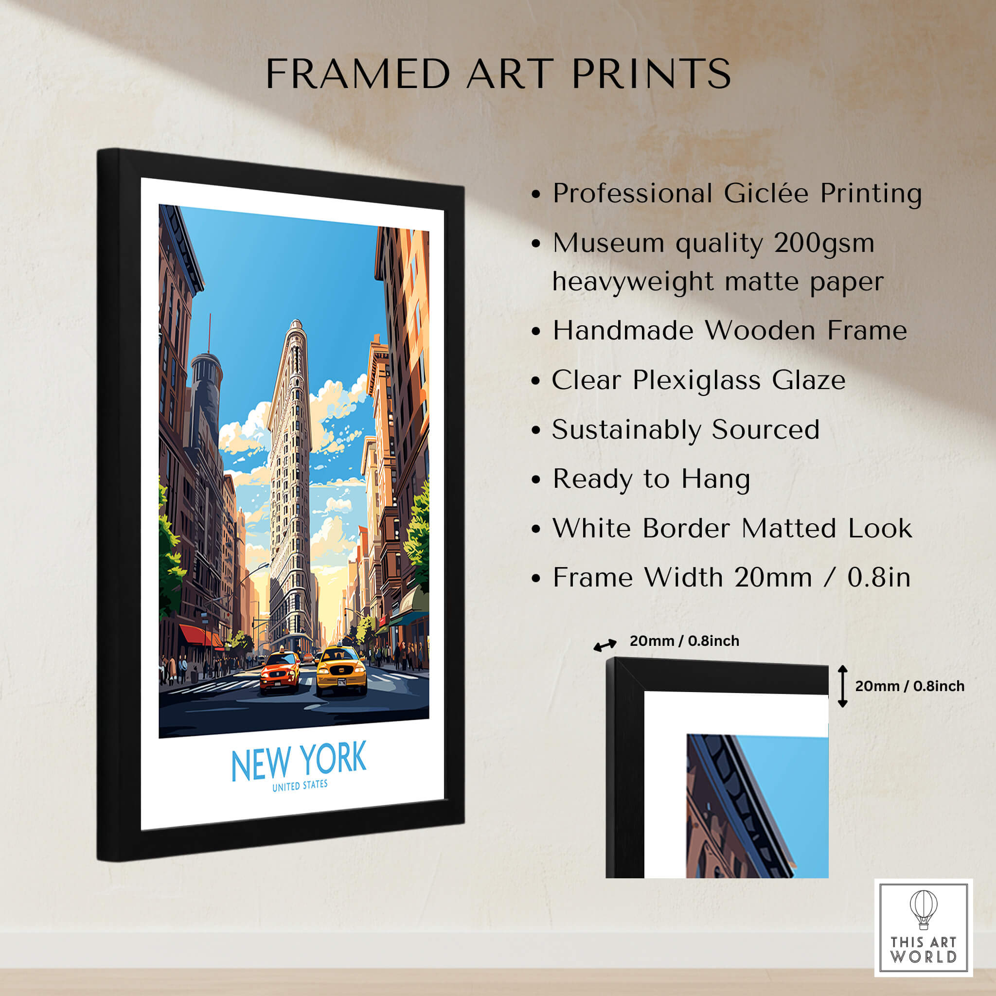 New York City Wall Art featuring the iconic Flatiron Building and yellow cabs in a framed print.