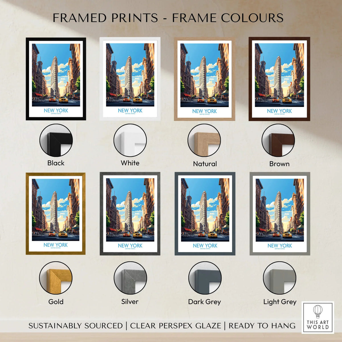 New York City Wall Art framed prints in various colors including black, white, natural, brown, gold, silver, dark grey, and light grey.