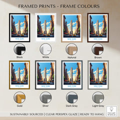 New York City Wall Art framed prints in various colors including black, white, natural, brown, gold, silver, dark grey, and light grey.