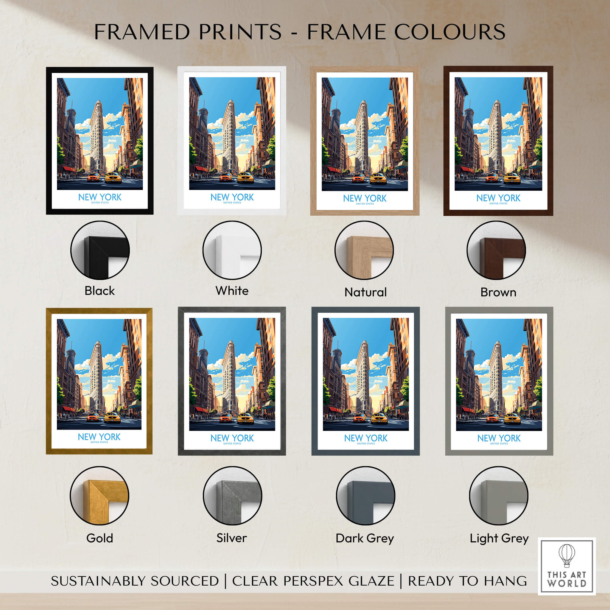 New York City Wall Art framed prints in various colors including black, white, natural, brown, gold, silver, dark grey, and light grey.