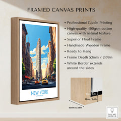 New York City Wall Art framed canvas print showcasing iconic Flatiron Building and yellow cabs.