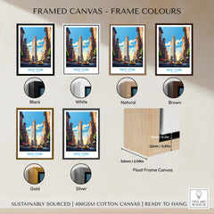 Framed canvas color options for New York City Wall Art featuring black, white, natural, brown, gold, and silver frames.