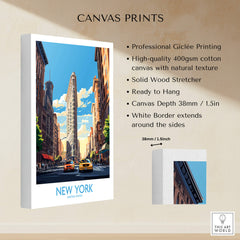 New York City Wall Art featuring the Flatiron Building and yellow cabs on a canvas print, ready to hang.