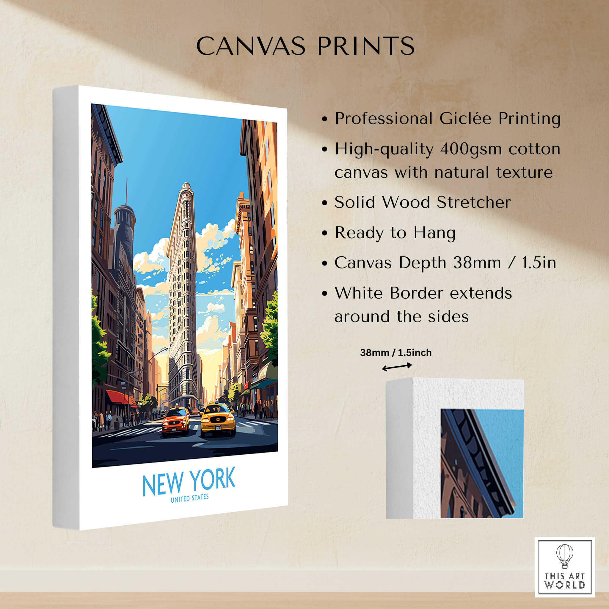 New York City Wall Art featuring the Flatiron Building and yellow cabs on a canvas print, ready to hang.