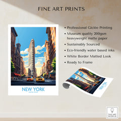 New York City Wall Art featuring the iconic Flatiron Building and yellow cabs, perfect for travel enthusiasts.
