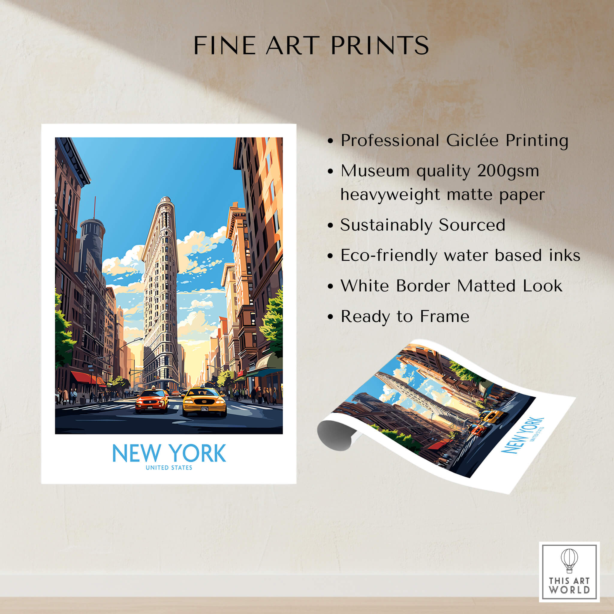 New York City Wall Art featuring the iconic Flatiron Building and yellow cabs, perfect for travel enthusiasts.