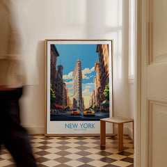 New York City Wall Art featuring the iconic Flatiron Building and yellow cabs in a vibrant urban scene.
