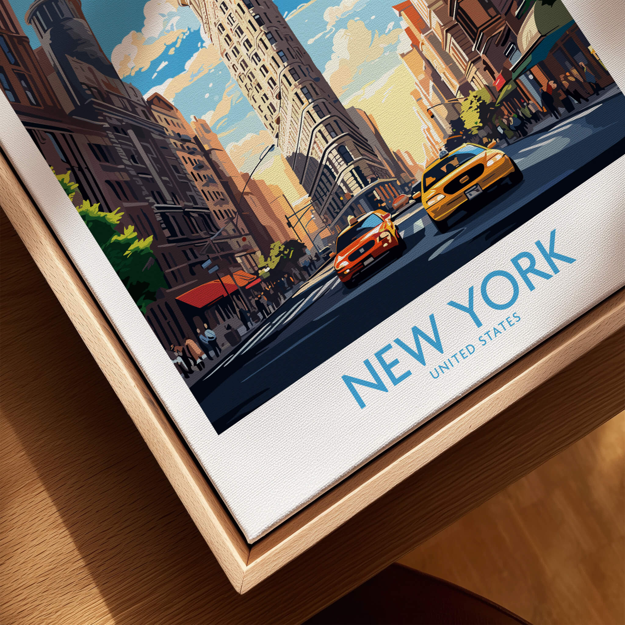 New York City Wall Art featuring the iconic Flatiron Building and yellow cabs in a vibrant urban setting.