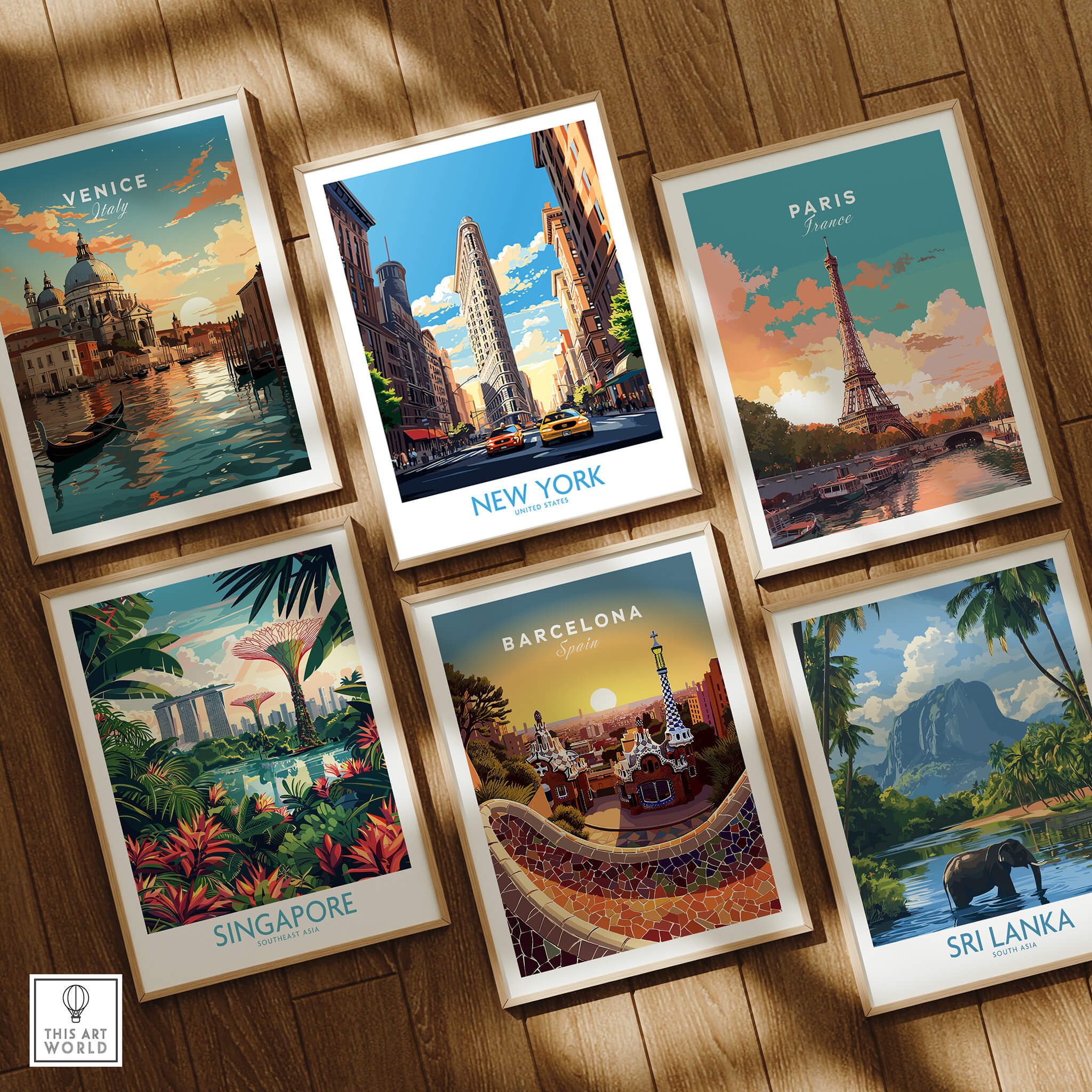 New York City Wall Art featuring iconic skyline and Flatiron Building among travel posters from famous cities.