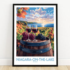 Niagara-on-the-Lake wine country travel poster with red wine glasses, grapes, and lake view for wall art decor