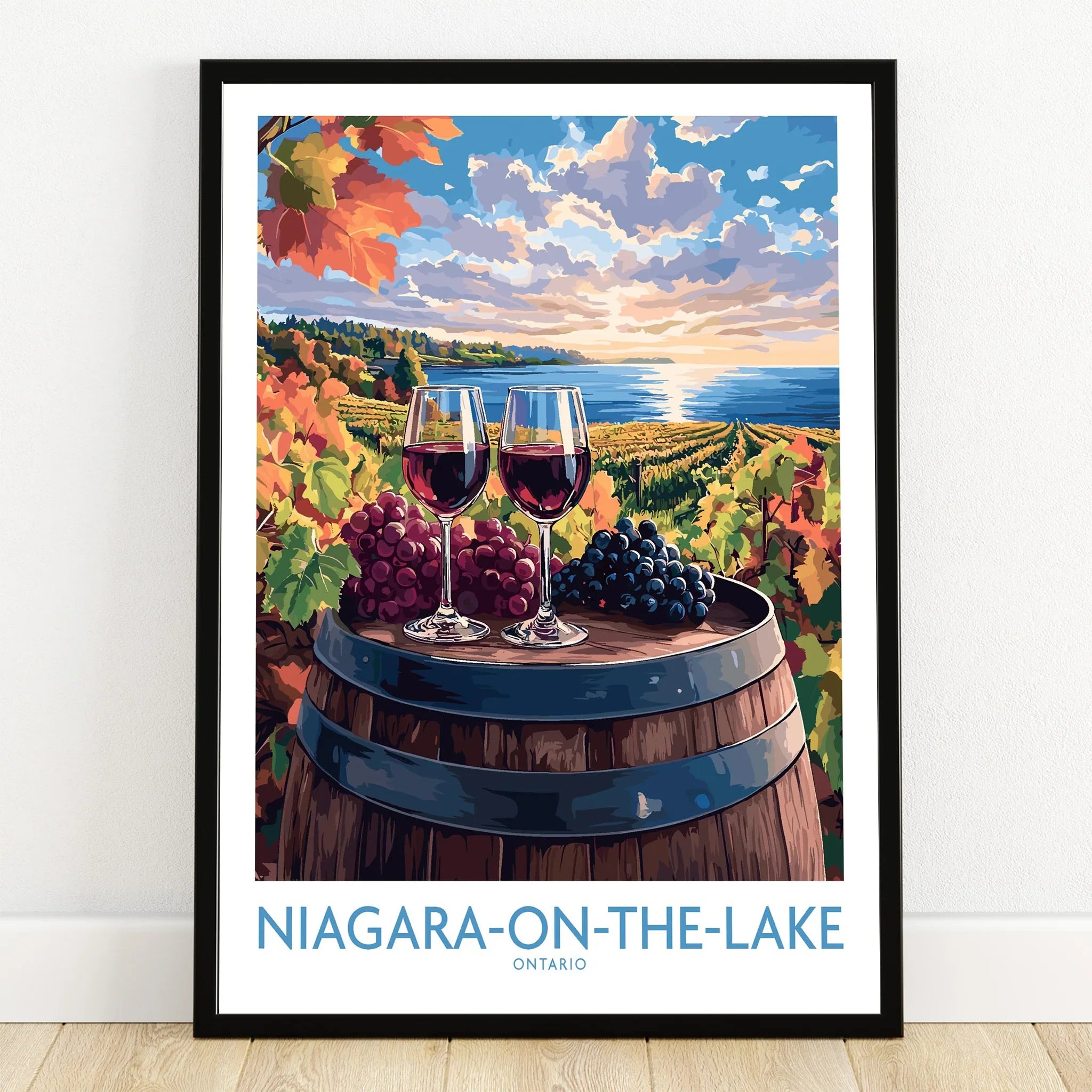 Niagara-on-the-Lake wine country travel poster with red wine glasses, grapes, and lake view for wall art decor